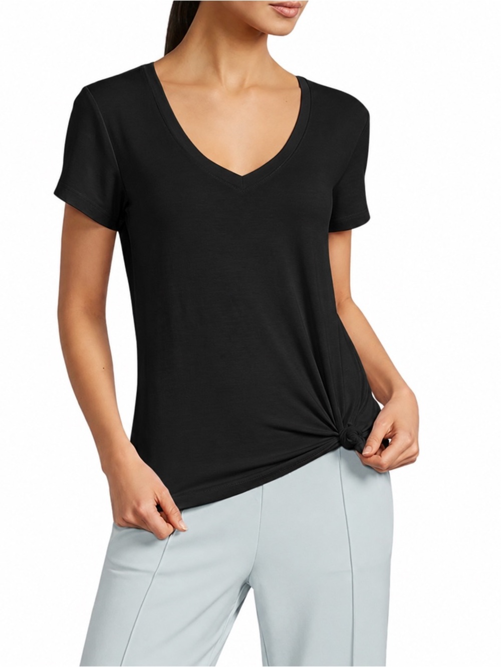 ANTONIO MELANI Black V-Neck Short Sleeve Knot Tee